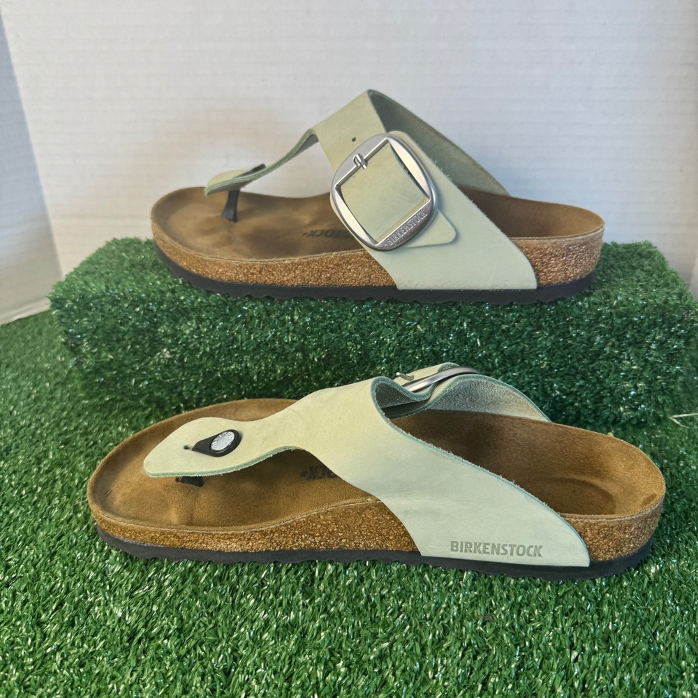 Birkenstock Gizeh Big Buckle Sage Green Nubuck Leather Sandals Womens 41 - Sz 10 - Picture 2 of 7